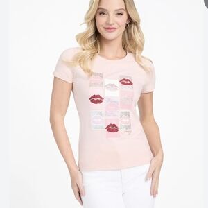 Guess Pink Tee with Multicolor Lip Graphic, Size L